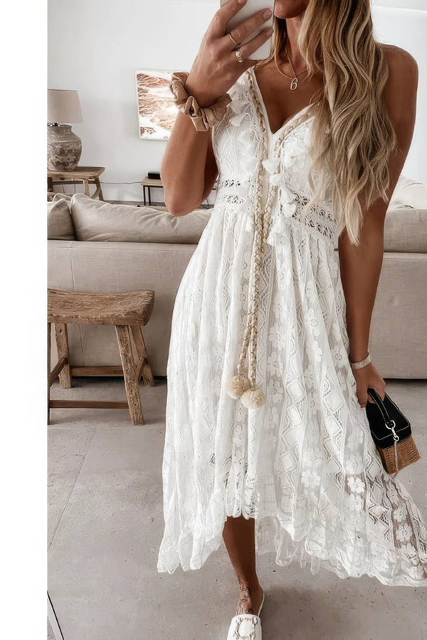 Robe Champêtre Longue Col Bardot Manches Courtes Volantées Dentelle Coupe A-Line Blanche