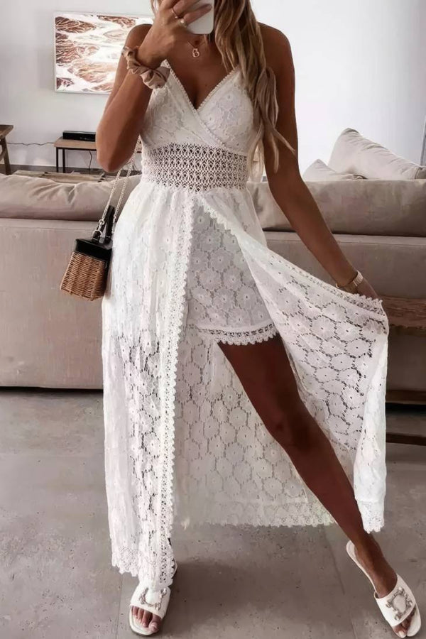 Robe Champêtre Longue Col Bardot Manches Courtes Volantées Dentelle Coupe A-Line Blanche