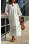 Robe Champêtre Longue Col En V Manches 3/4 Dentelle Ajourée Coupe Ample Blanche