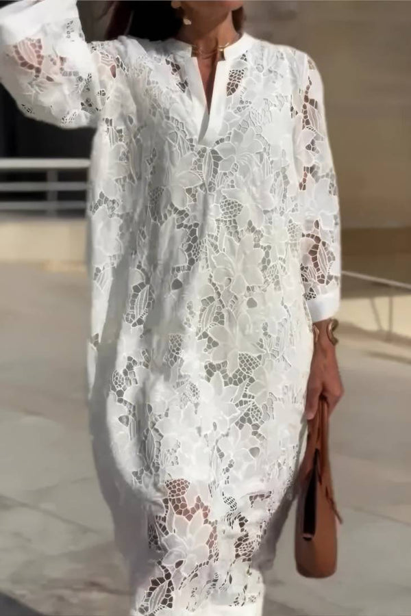 Robe Champêtre Longue Col En V Manches 3/4 Dentelle Ajourée Coupe Ample Blanche