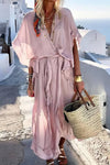 Robe Champêtre Longue Col En V Manches Courtes Coupe Portefeuille À Volants Rose Poudré
