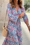 Robe Champêtre Longue Col En V Manches Longues Bouffantes Taille Haute Coupe A-Line Fleurie