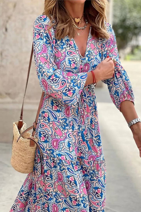 Robe Champêtre Longue Col En V Manches Longues Bouffantes Taille Haute Coupe A-Line Fleurie