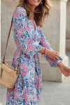 Robe Champêtre Longue Col En V Manches Longues Bouffantes Taille Haute Coupe A-Line Fleurie