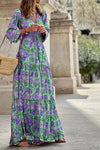 Robe Champêtre Longue Col En V Manches Longues Bouffantes Taille Haute Coupe A-Line Fleurie