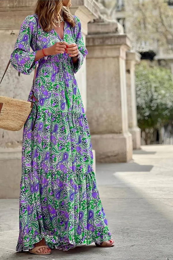 Robe Champêtre Longue Col En V Manches Longues Bouffantes Taille Haute Coupe A-Line Fleurie