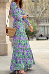 Robe Champêtre Longue Col En V Manches Longues Bouffantes Taille Haute Coupe A-Line Fleurie