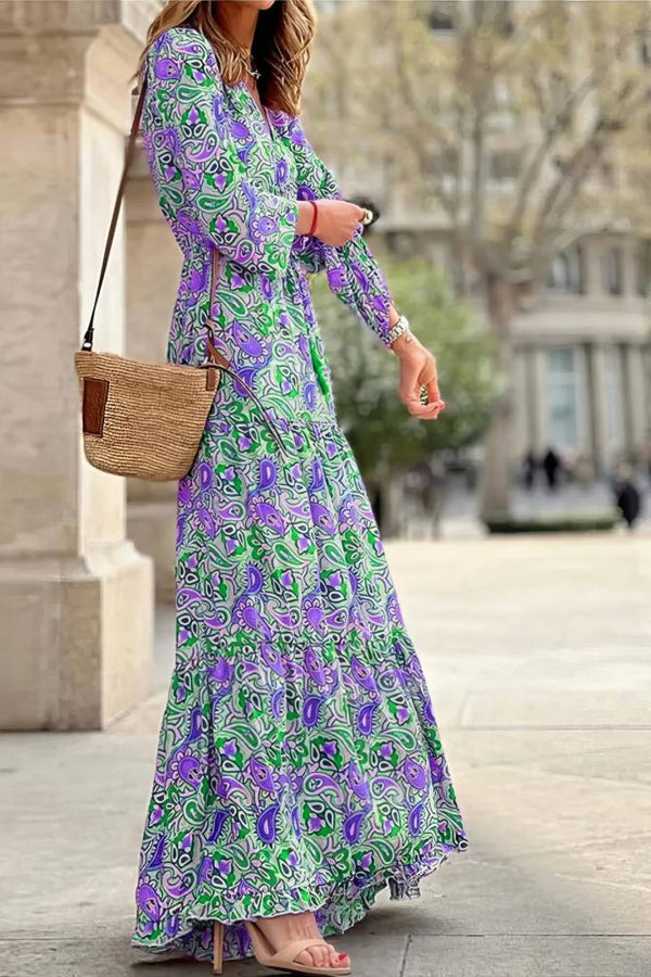Robe Champêtre Longue Col En V Manches Longues Bouffantes Taille Haute Coupe A-Line Fleurie