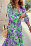 Robe Champêtre Longue Col En V Manches Longues Bouffantes Taille Haute Coupe A-Line Fleurie