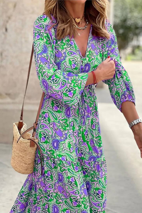 Robe Champêtre Longue Col En V Manches Longues Bouffantes Taille Haute Coupe A-Line Fleurie