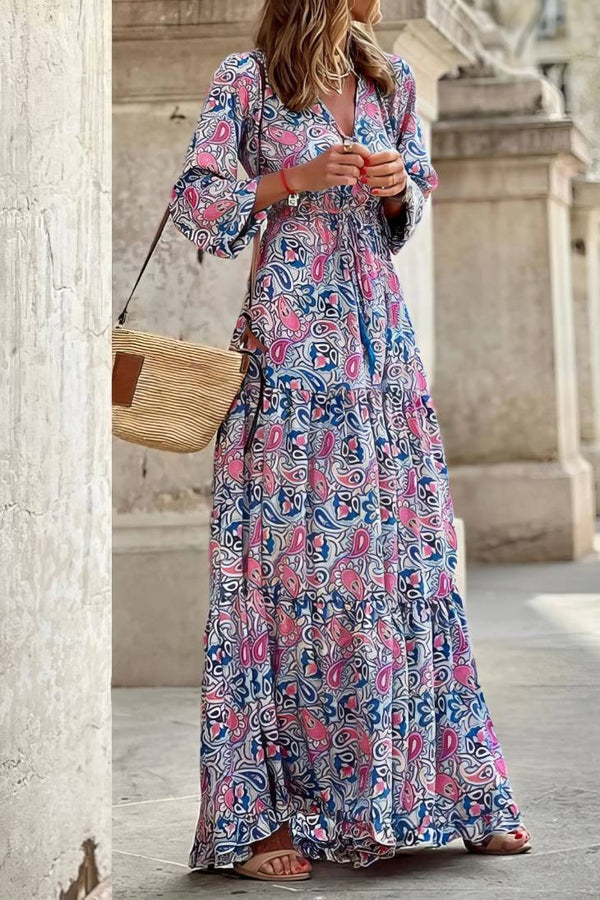 Robe Champêtre Longue Col En V Manches Longues Bouffantes Taille Haute Coupe A-Line Fleurie