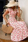 Robe Champêtre Longue Col En V Manches Papillon Coupe A-Line Fleurie Blanc Rouge