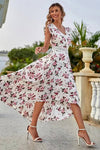 Robe Champêtre Longue Col En V Manches Papillon Coupe A-Line Ourlet Asymétrique Fleurie Blanc Rose