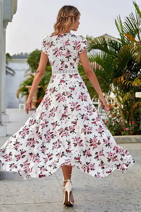 Robe Champêtre Longue Col En V Manches Papillon Coupe A-Line Ourlet Asymétrique Fleurie Blanc Rose