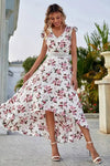 Robe Champêtre Longue Col En V Manches Papillon Coupe A-Line Ourlet Asymétrique Fleurie Blanc Rose