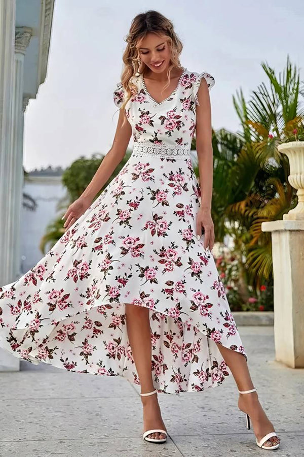 Robe Champêtre Longue Col En V Manches Papillon Coupe A-Line Ourlet Asymétrique Fleurie Blanc Rose