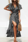 Robe Champêtre Longue Col En V Manches Papillon Coupe Portefeuille Ourlet Asymétrique Volant