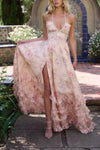 Robe Champêtre Longue Col En V Plongeant Dos Nu Bretelles Fines Coupe A-Line Fendue À Volants Rose Fleuri