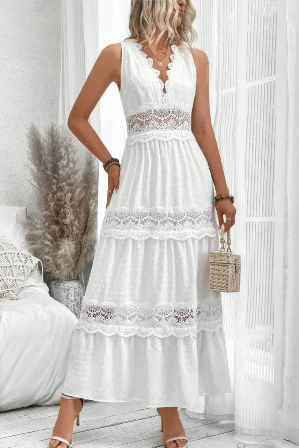 Robe Champêtre Longue Col En V Sans Manches Dentelle Blanche Coupe A-Line Jupe À Étages