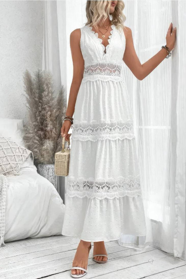 Robe Champêtre Longue Col En V Sans Manches Dentelle Blanche Coupe A-Line Jupe À Étages