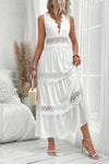 Robe Champêtre Longue Col En V Sans Manches Dentelle Blanche Coupe A-Line Jupe À Étages