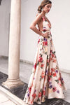 Robe Champêtre Longue Col Licou Sans Manches Coupe A-Line Fleurie Écru Rose