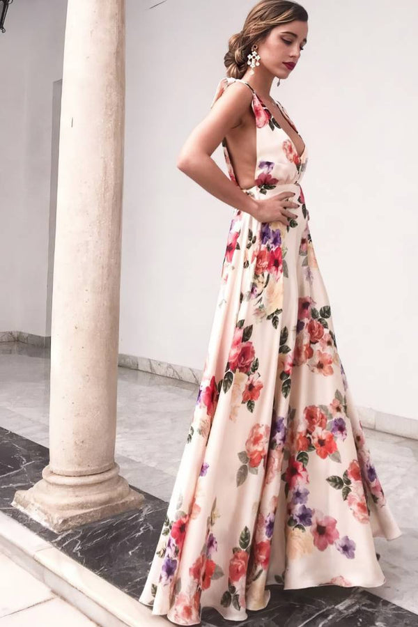 Robe Champêtre Longue Col Licou Sans Manches Coupe A-Line Fleurie Écru Rose