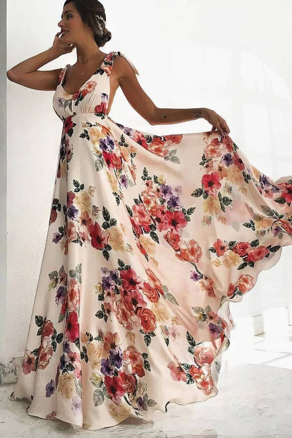 Robe Champêtre Longue Col Licou Sans Manches Coupe A-Line Fleurie Écru Rose