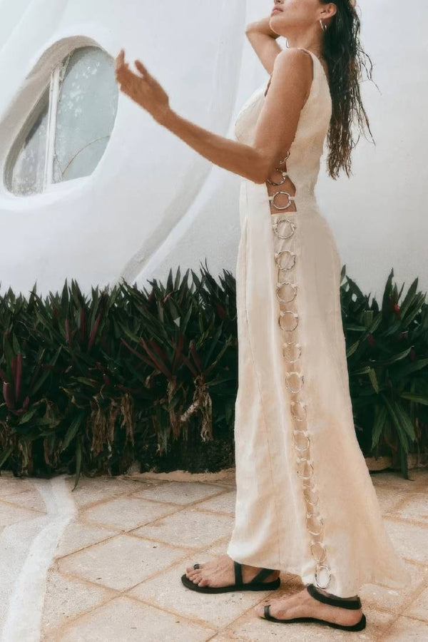 Robe Champêtre Longue Col Rond Sans Manches Blanche Boho Chic