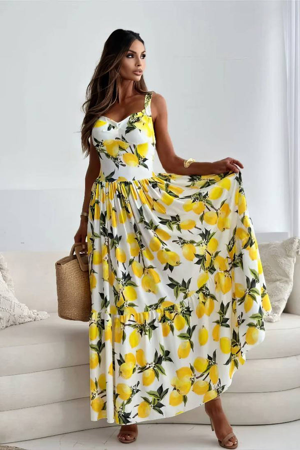 Robe Champêtre Longue De Plage Blanche Imprimée Citron Taille Haute À Bretelles