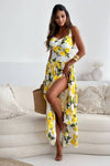 Robe Champêtre Longue De Plage Blanche Imprimée Citron Taille Haute À Bretelles