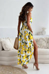 Robe Champêtre Longue De Plage Blanche Imprimée Citron Taille Haute À Bretelles