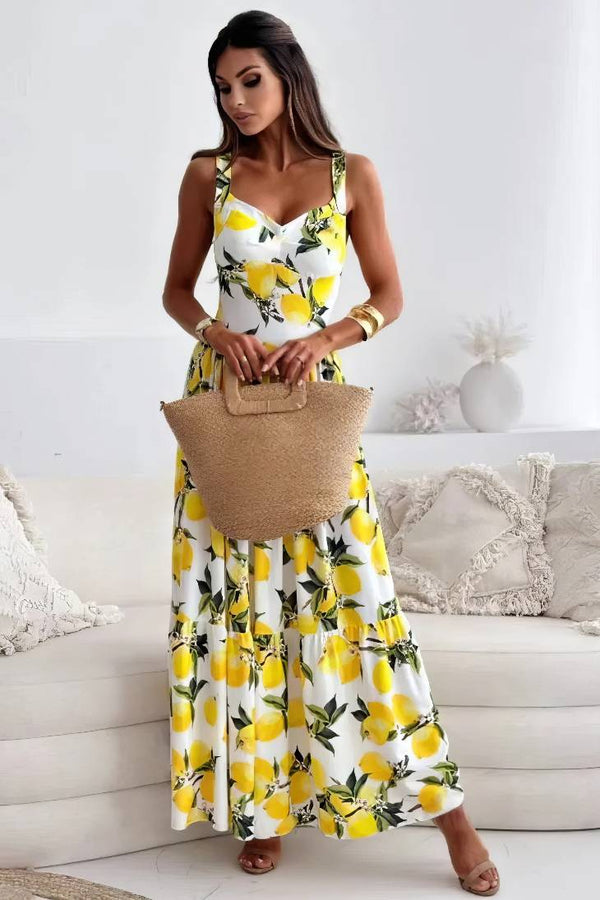 Robe Champêtre Longue De Plage Blanche Imprimée Citron Taille Haute À Bretelles
