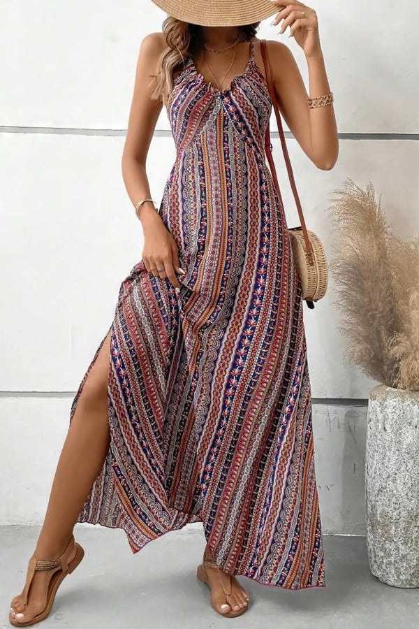 Robe Champêtre Longue De Plage Col En V Bretelles Fines Coupe A-Line Fendue