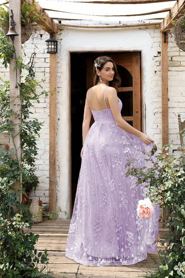 Robe Champêtre Longue Dentelle Brodée Col V Bretelles Dos Nu Élégante Demoiselle Honneur Soirée Bal
