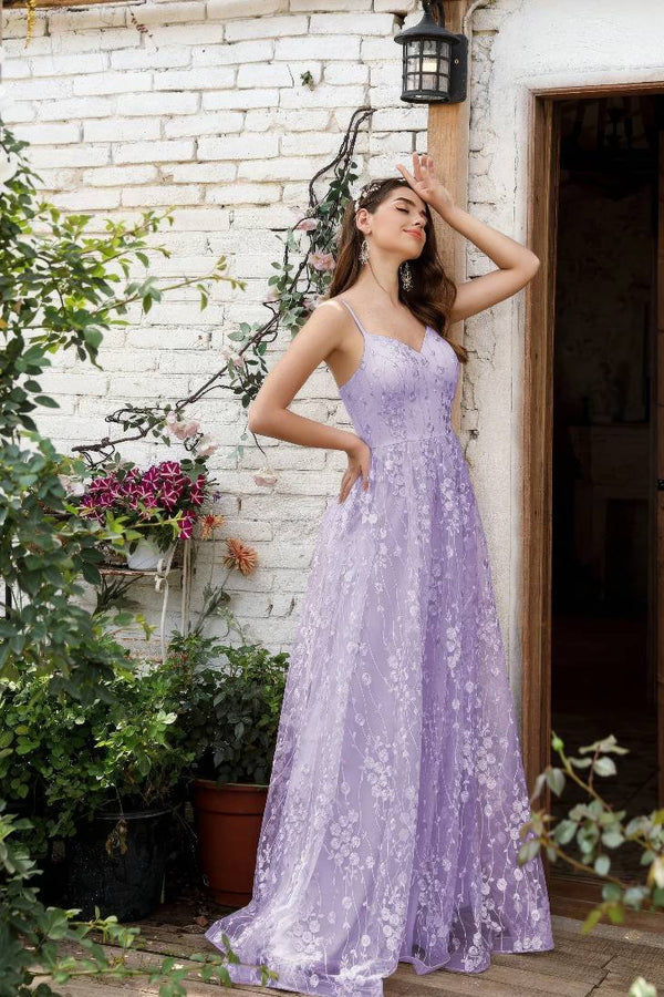 Robe Champêtre Longue Dentelle Brodée Col V Bretelles Dos Nu Élégante Demoiselle Honneur Soirée Bal