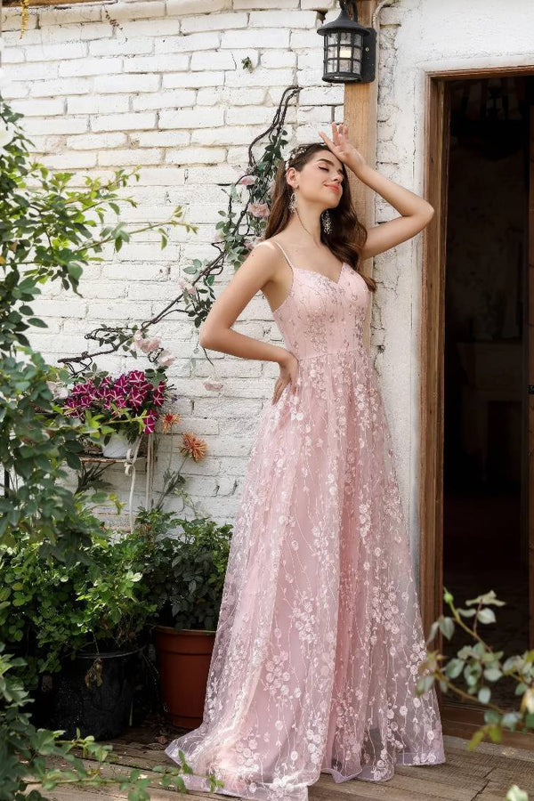 Robe Champêtre Longue Dentelle Brodée Col V Bretelles Dos Nu Élégante Demoiselle Honneur Soirée Bal