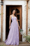 Robe Champêtre Longue Dentelle Brodée Col V Bretelles Dos Nu Élégante Demoiselle Honneur Soirée Bal