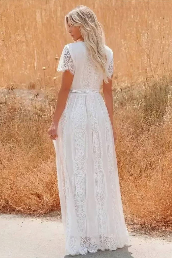 Robe Champêtre Longue Dentelle Manches Courtes Col V Élégante Ample