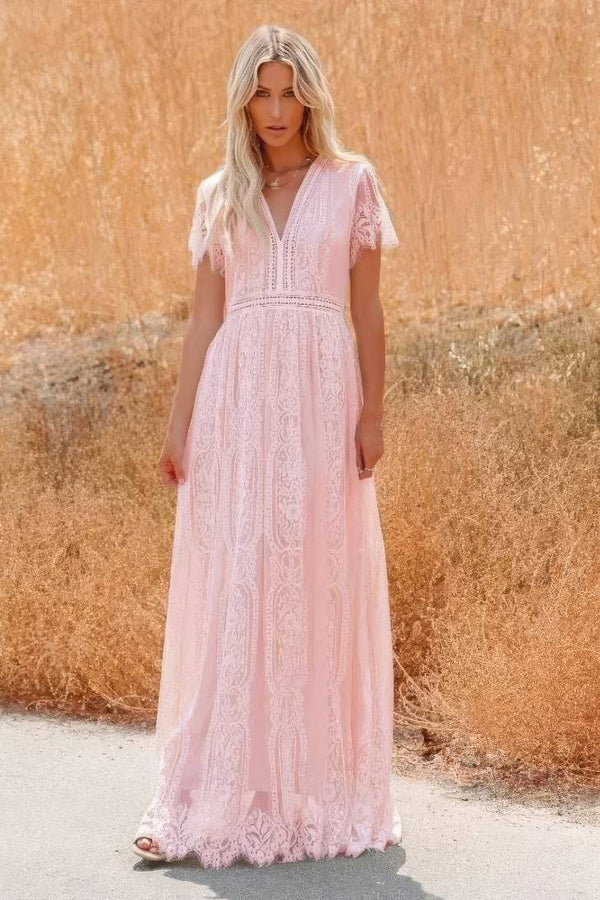 Robe Champêtre Longue Dentelle Manches Courtes Col V Élégante Ample