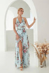 Robe Champêtre Longue En Mousseline De Soie Élégante Imprimé Floral Col Halter Dos Nu Fente Latérale