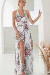 Robe Champêtre Longue En Mousseline De Soie Élégante Imprimé Floral Col Halter Dos Nu Fente Latérale