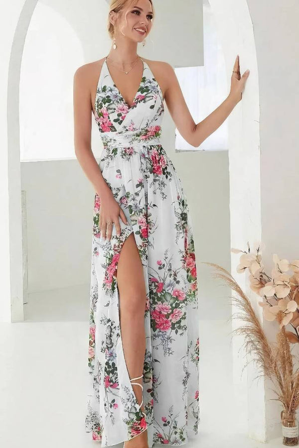 Robe Champêtre Longue En Mousseline De Soie Élégante Imprimé Floral Col Halter Dos Nu Fente Latérale