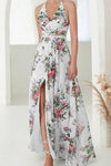 Robe Champêtre Longue En Mousseline De Soie Élégante Imprimé Floral Col Halter Dos Nu Fente Latérale