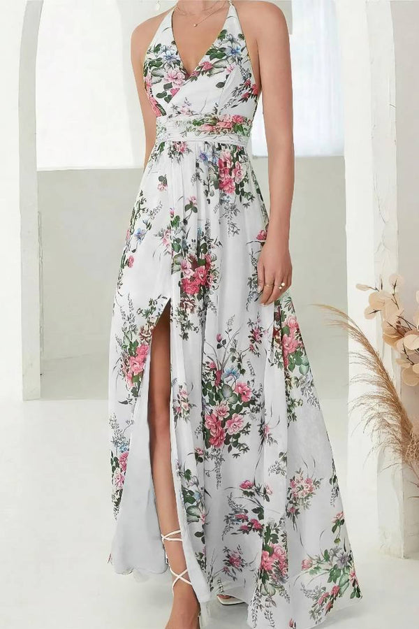Robe Champêtre Longue En Mousseline De Soie Élégante Imprimé Floral Col Halter Dos Nu Fente Latérale