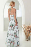 Robe Champêtre Longue En Mousseline De Soie Élégante Imprimé Floral Col Halter Dos Nu Fente Latérale