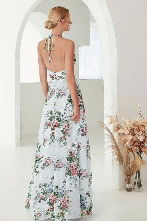 Robe Champêtre Longue En Mousseline De Soie Élégante Imprimé Floral Col Halter Dos Nu Fente Latérale