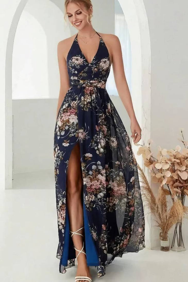 Robe Champêtre Longue En Mousseline De Soie Élégante Imprimé Floral Col Halter Dos Nu Fente Latérale