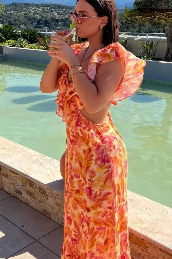Robe Champêtre Longue Été Orange À Volants Col V Dos Nu Imprimé Bohème