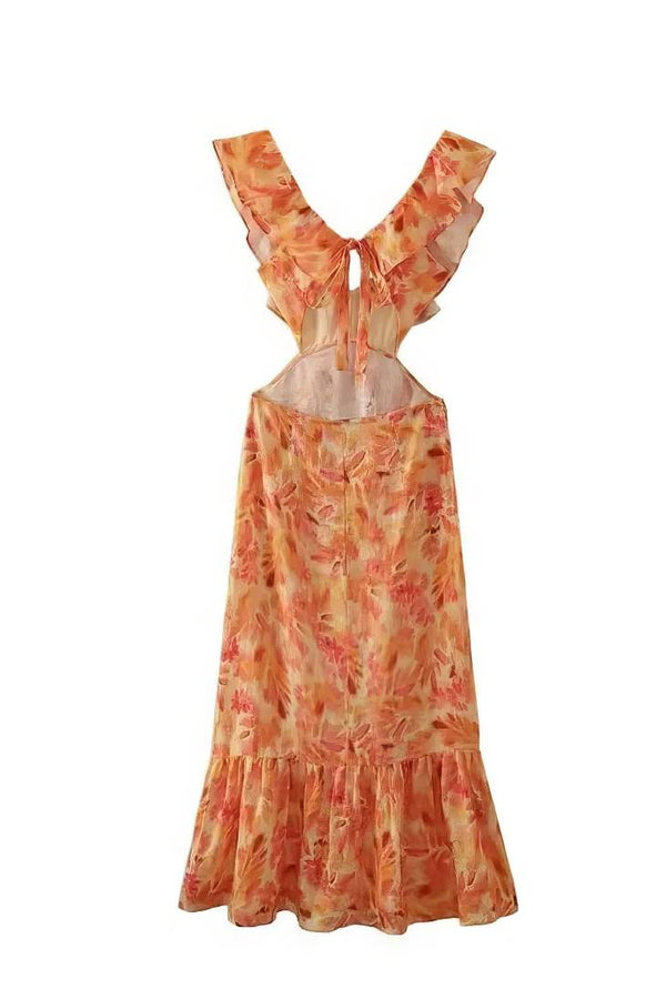 Robe Champêtre Longue Été Orange À Volants Col V Dos Nu Imprimé Bohème